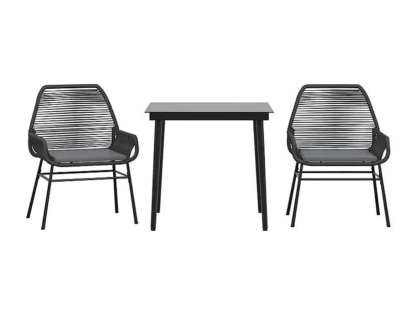 Ensemble à manger de jardin et coussins 3 pcs noir rotin verre