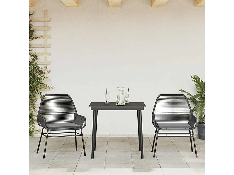 Ensemble à manger de jardin et coussins 3 pcs noir rotin verre