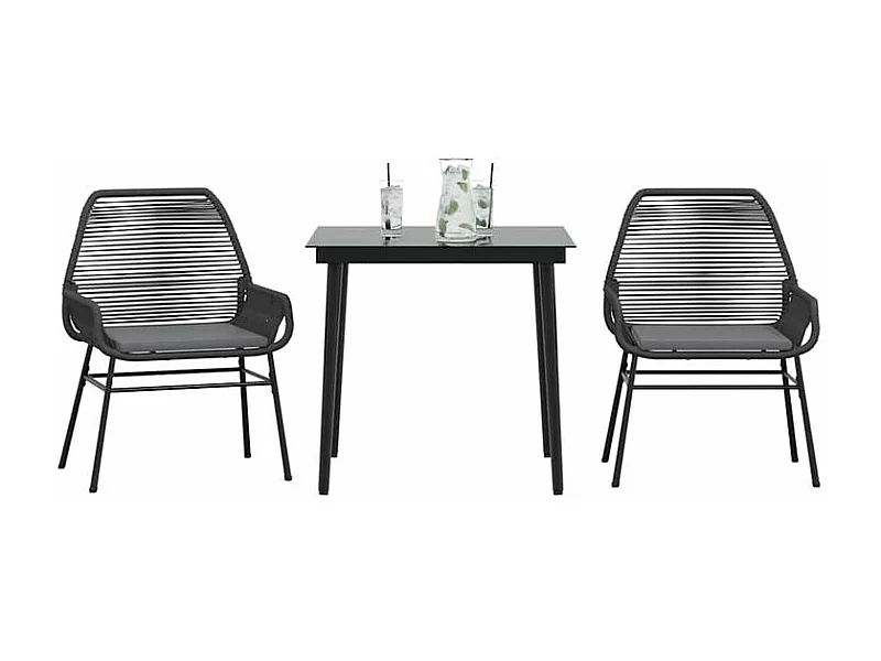 Ensemble à manger de jardin et coussins 3 pcs noir rotin verre