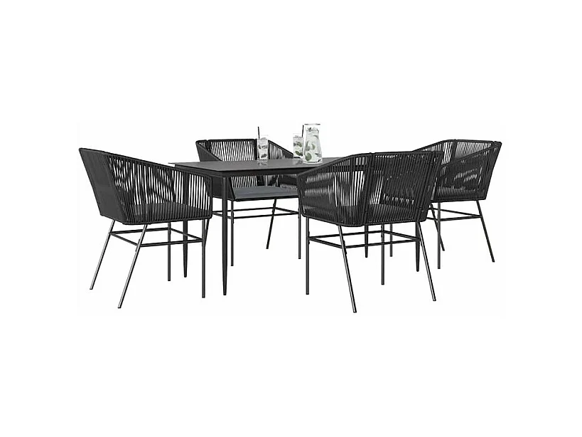 Ensemble à manger de jardin et coussins 5 pcs noir rotin verre