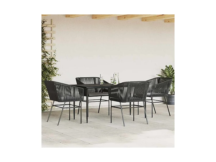 Ensemble à manger de jardin et coussins 5 pcs noir rotin verre