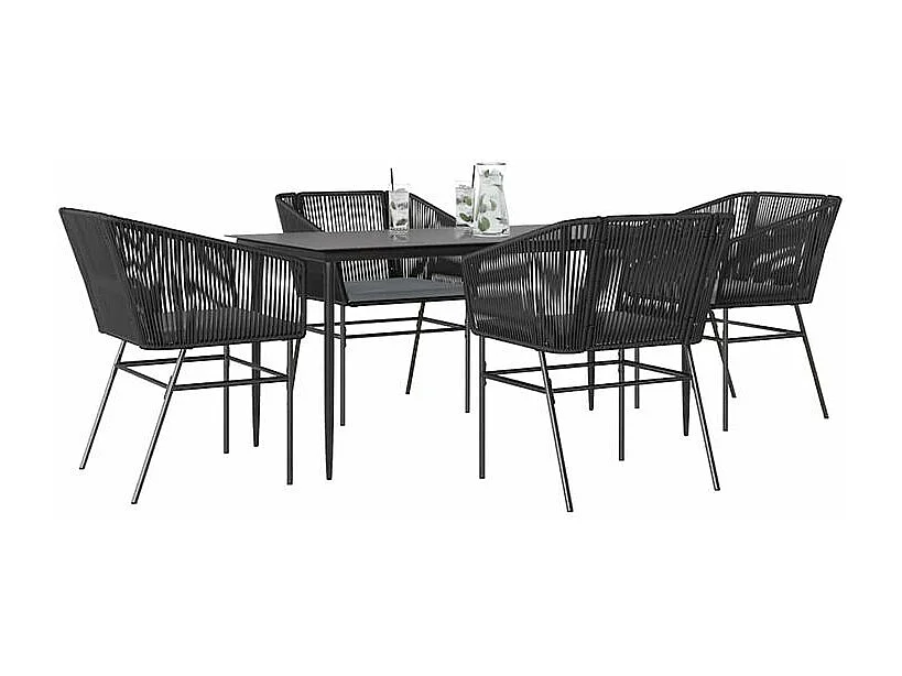 Ensemble à manger de jardin et coussins 5 pcs noir rotin verre