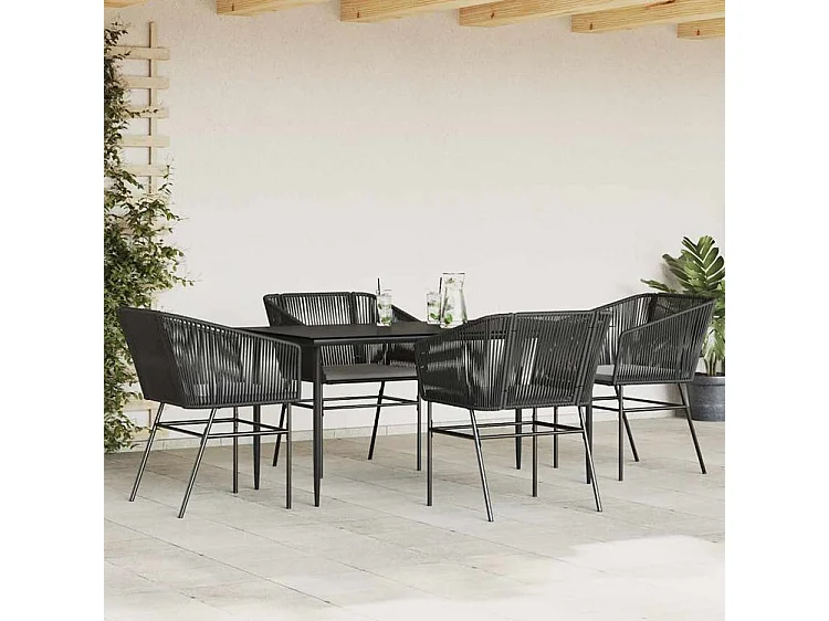 Ensemble à manger de jardin et coussins 5 pcs noir rotin verre