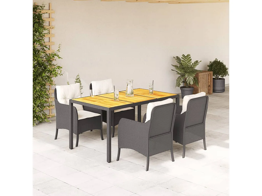Ensemble à manger de jardin coussins 5pcs Noir Résine tressée