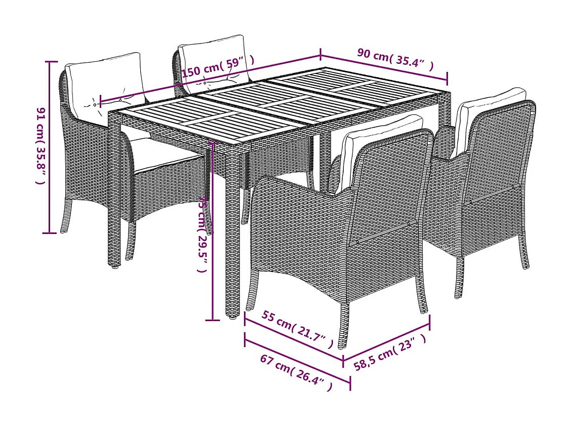 Ensemble à manger de jardin coussins 5pcs Noir Résine tressée
