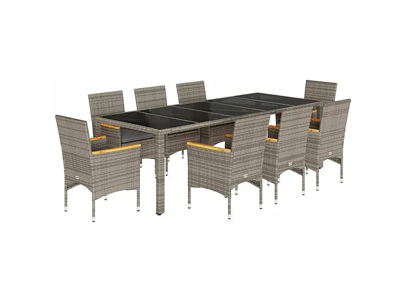 Ensemble à manger de jardin et coussins 9 pcs gris rotin verre
