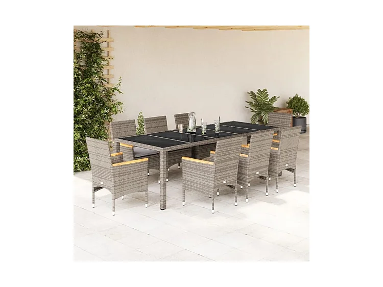 Ensemble à manger de jardin et coussins 9 pcs gris rotin verre