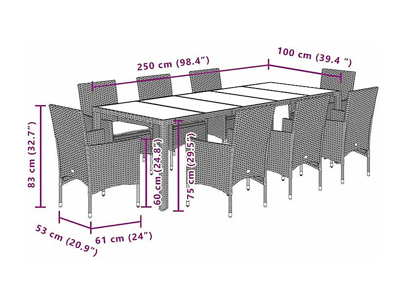 Ensemble à manger de jardin et coussins 9 pcs gris rotin verre