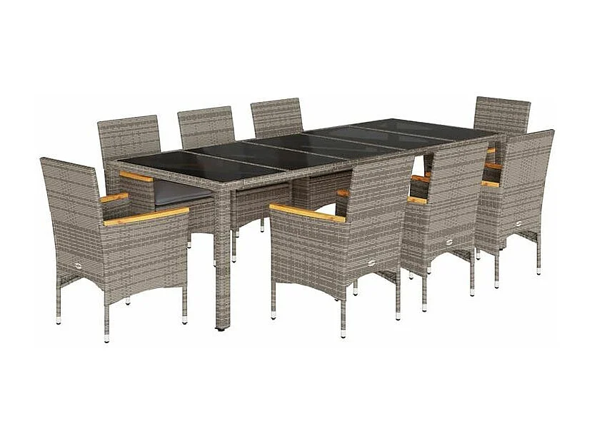 Ensemble à manger de jardin et coussins 9 pcs gris rotin verre