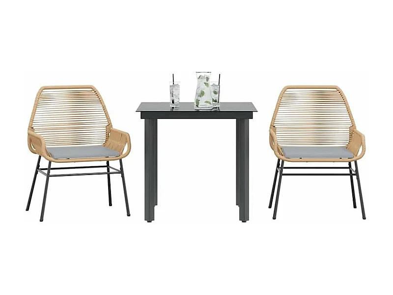 Ensemble à manger jardin coussins 3pcs marron poly rotin verre