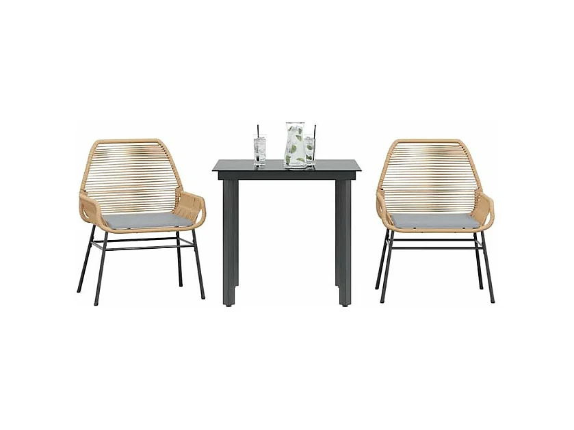 Ensemble à manger jardin coussins 3pcs marron poly rotin verre