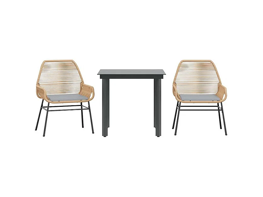 Ensemble à manger jardin coussins 3pcs marron poly rotin verre