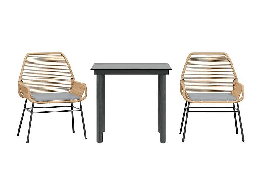 Ensemble à manger jardin coussins 3pcs marron poly rotin verre