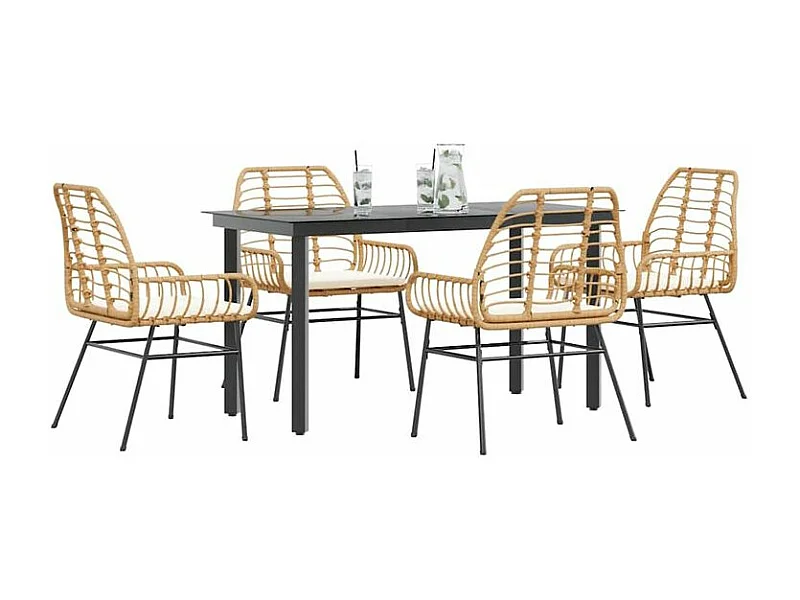 Ensemble à manger jardin coussins 5pcs marron poly rotin verre