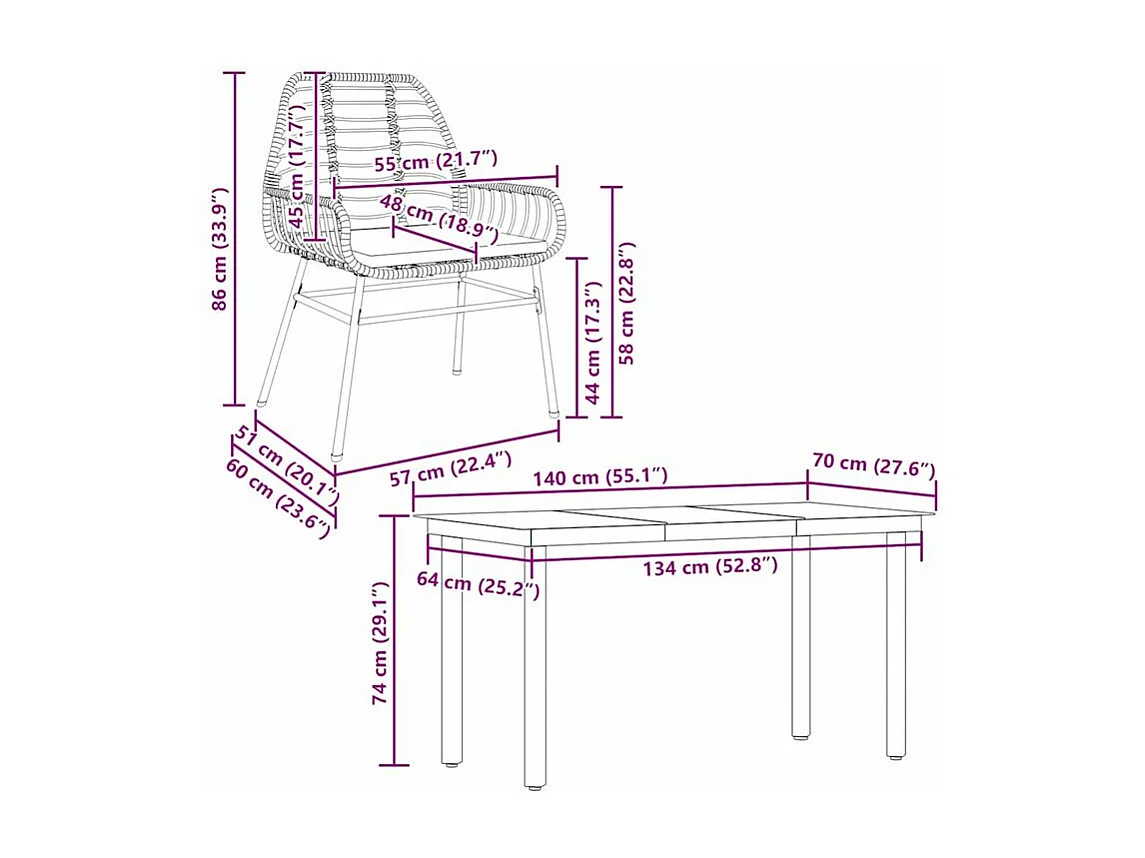 Ensemble à manger jardin coussins 5pcs marron poly rotin verre