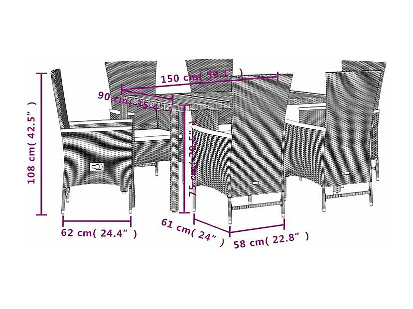 Ensemble à manger de jardin coussins 7pcs Noir Résine tressée