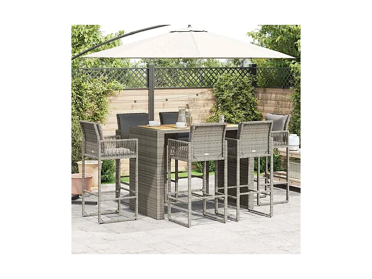 Ensemble de bar de jardin 7 pcs avec coussins gris poly rotin