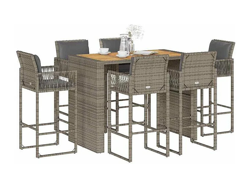 Ensemble de bar de jardin 7 pcs avec coussins gris poly rotin