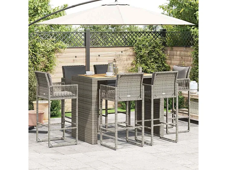 Ensemble de bar de jardin 7 pcs avec coussins gris poly rotin