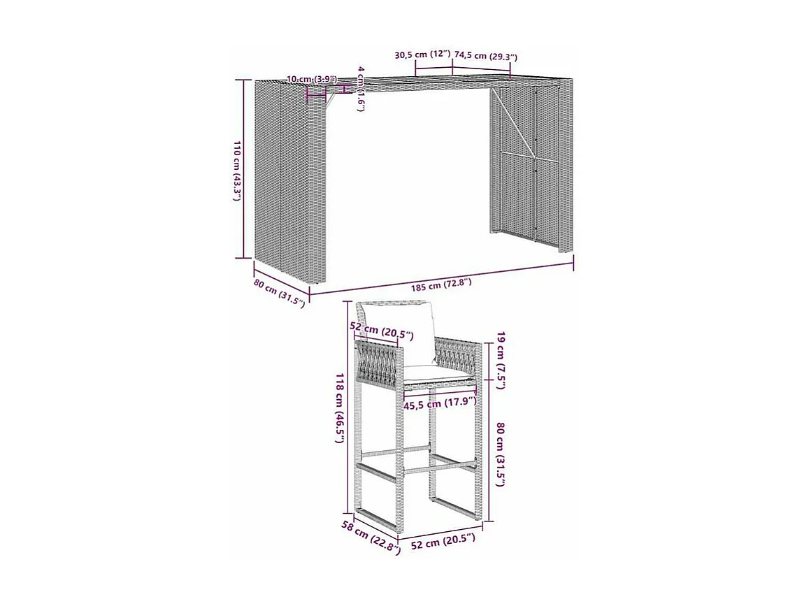 Ensemble de bar de jardin 7 pcs avec coussins gris poly rotin