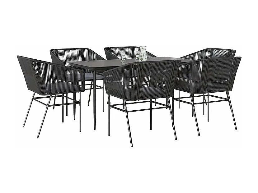 Ensemble à manger de jardin coussins 7pcs noir poly rotin verre