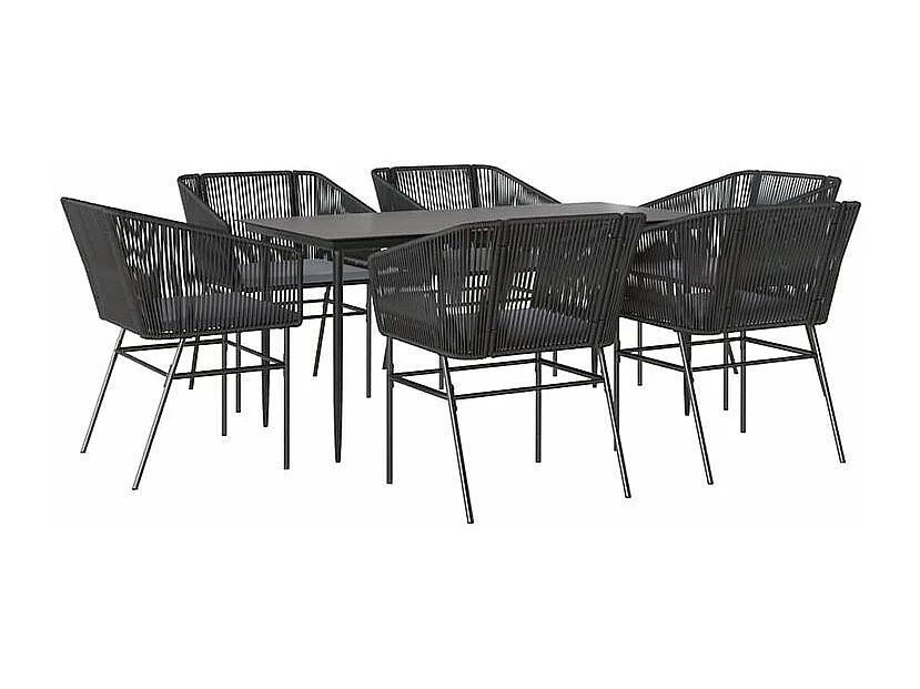 Ensemble à manger de jardin coussins 7pcs noir poly rotin verre