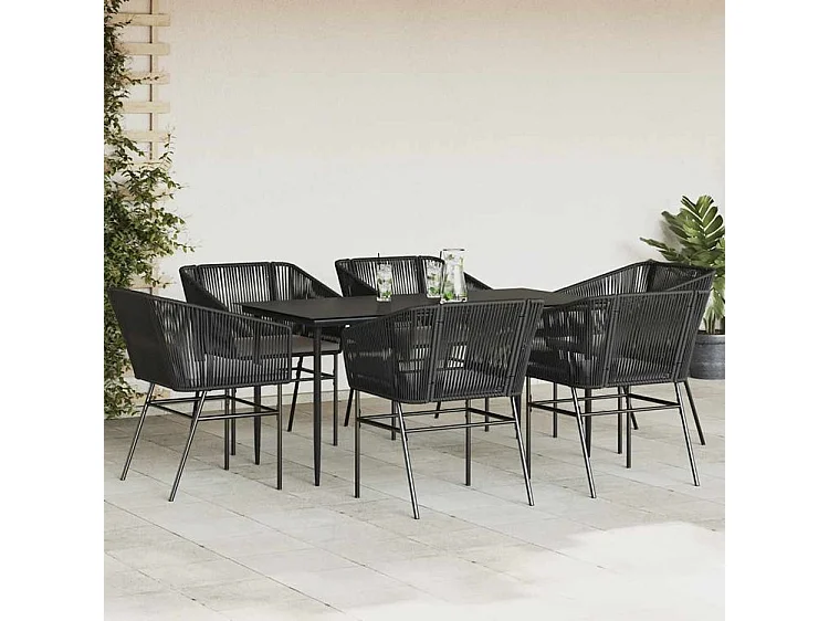 Ensemble à manger de jardin coussins 7pcs noir poly rotin verre