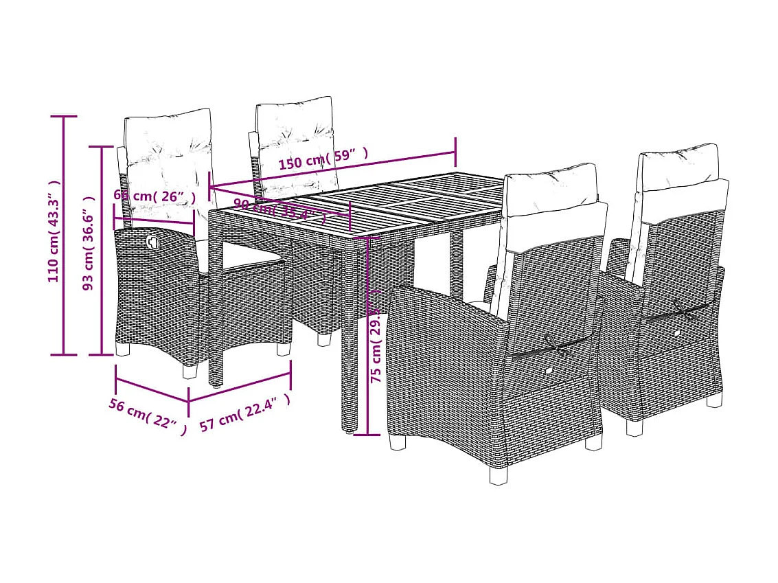 Ensemble à manger de jardin coussins 5pcs Noir Résine tressée