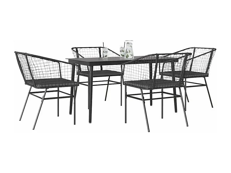 Ensemble à manger de jardin et coussins 5 pcs noir rotin verre