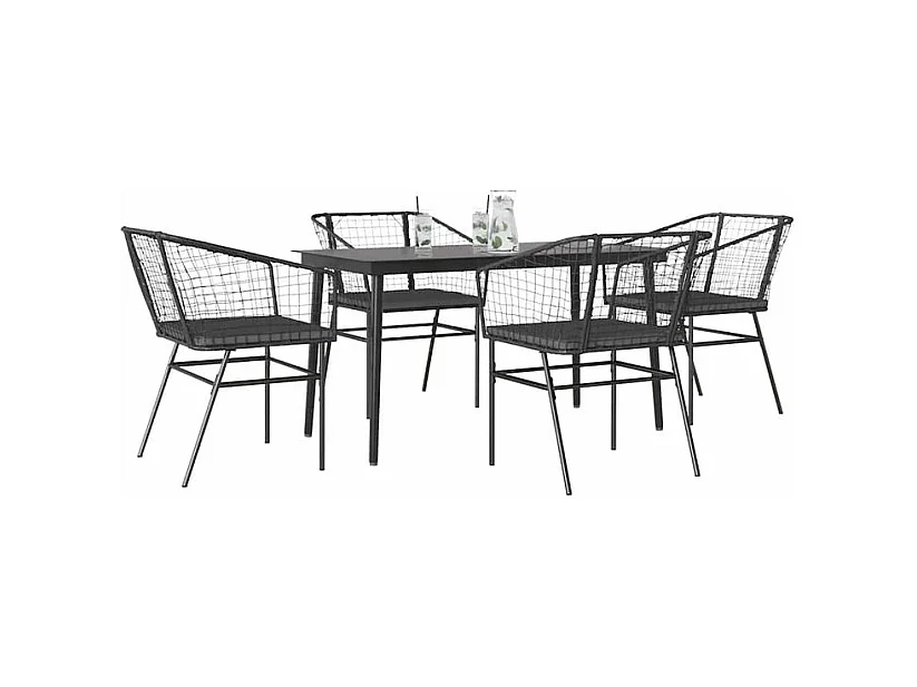 Ensemble à manger de jardin et coussins 5 pcs noir rotin verre