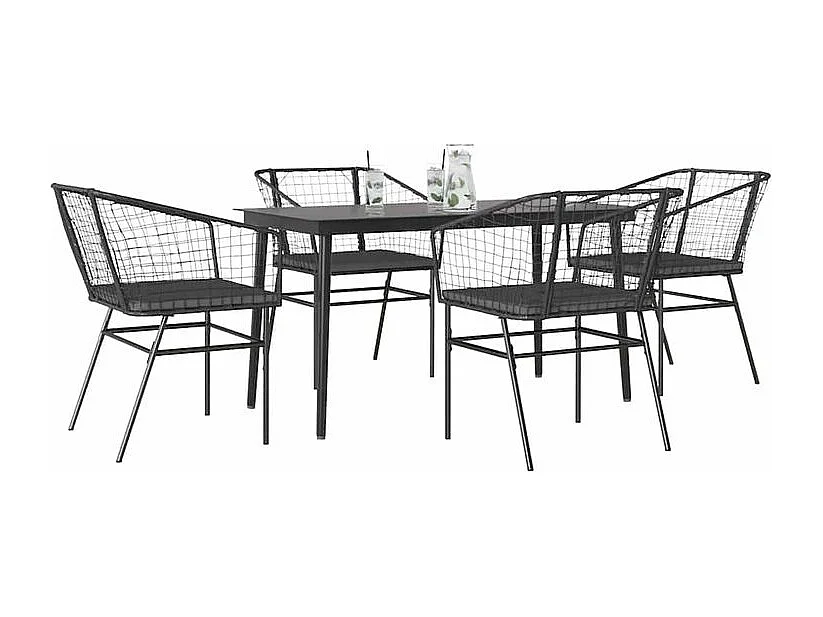 Ensemble à manger de jardin et coussins 5 pcs noir rotin verre