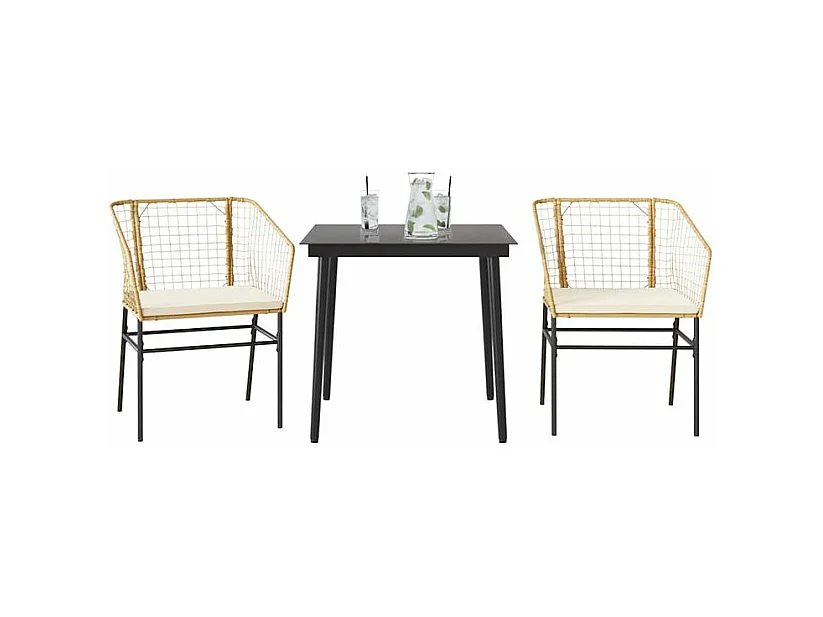 Ensemble à manger jardin coussins 3pcs marron poly rotin verre