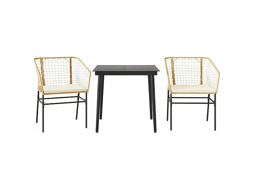 Ensemble à manger jardin coussins 3pcs marron poly rotin verre