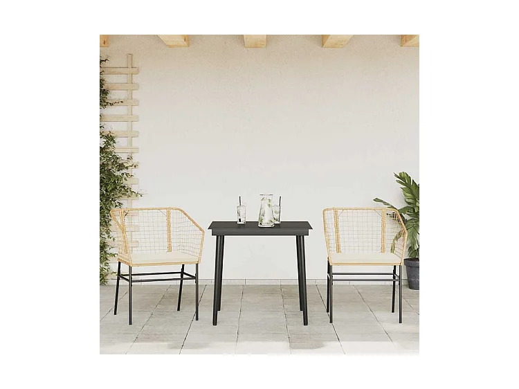 Ensemble à manger jardin coussins 3pcs marron poly rotin verre