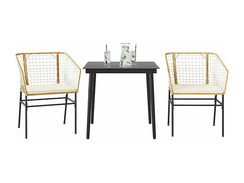 Ensemble à manger jardin coussins 3pcs marron poly rotin verre