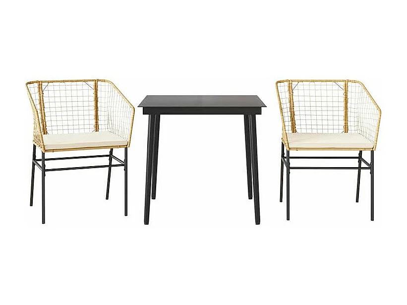 Ensemble à manger jardin coussins 3pcs marron poly rotin verre