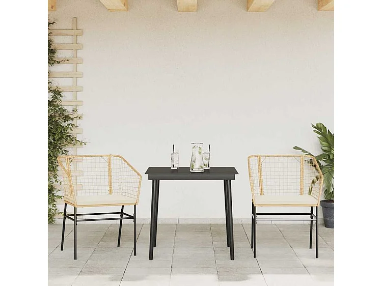 Ensemble à manger jardin coussins 3pcs marron poly rotin verre