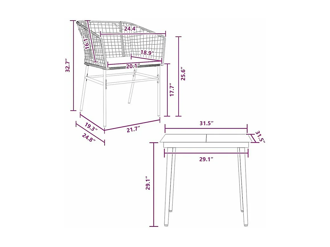 Ensemble à manger jardin coussins 3pcs marron poly rotin verre