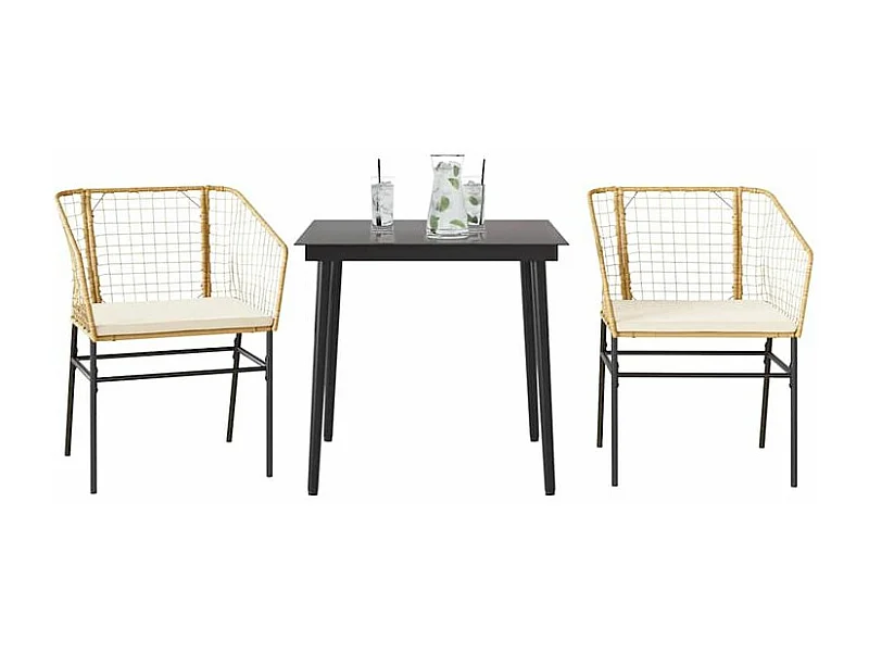 Ensemble à manger jardin coussins 3pcs marron poly rotin verre