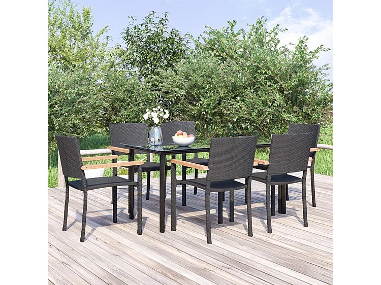 Ensemble à manger de jardin 7 pcs Noir Résine tressée