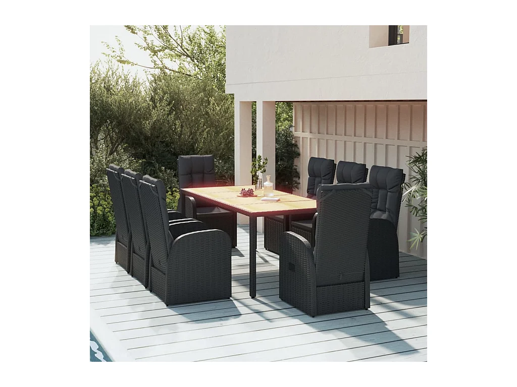 Ensemble à manger de jardin 9pcs coussins noir résine tressée
