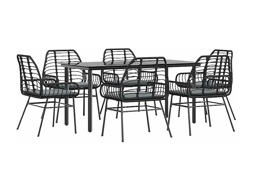 Ensemble à manger de jardin coussins 7pcs noir poly rotin verre