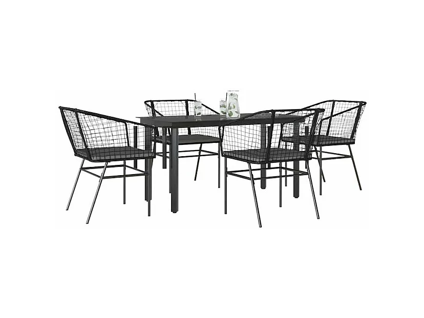 Ensemble à manger de jardin et coussins 5 pcs noir rotin verre