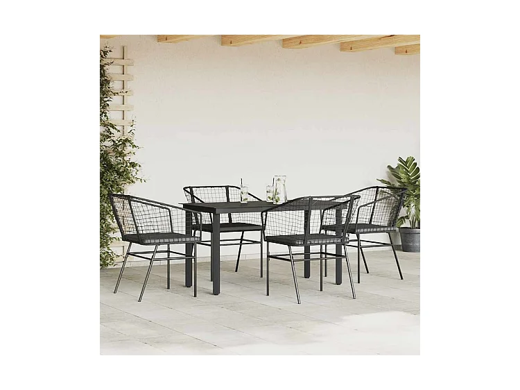 Ensemble à manger de jardin et coussins 5 pcs noir rotin verre
