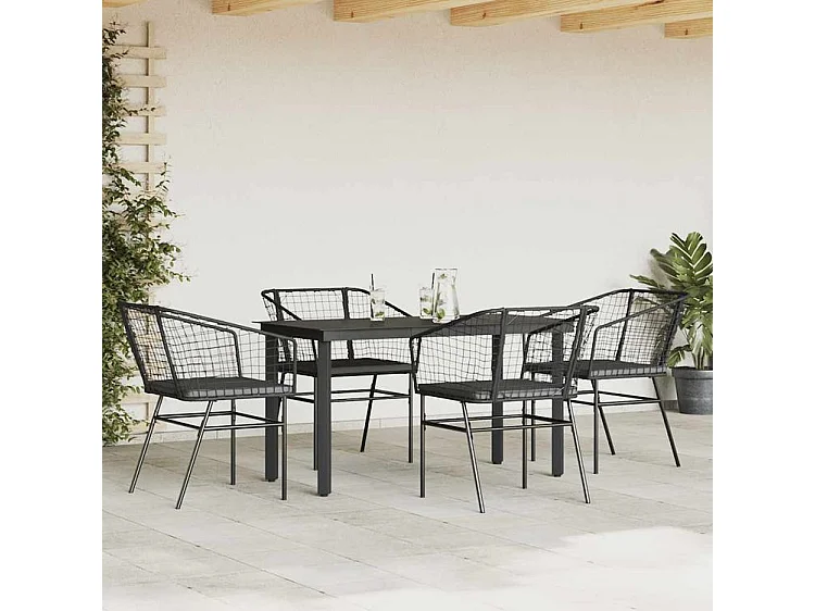 Ensemble à manger de jardin et coussins 5 pcs noir rotin verre