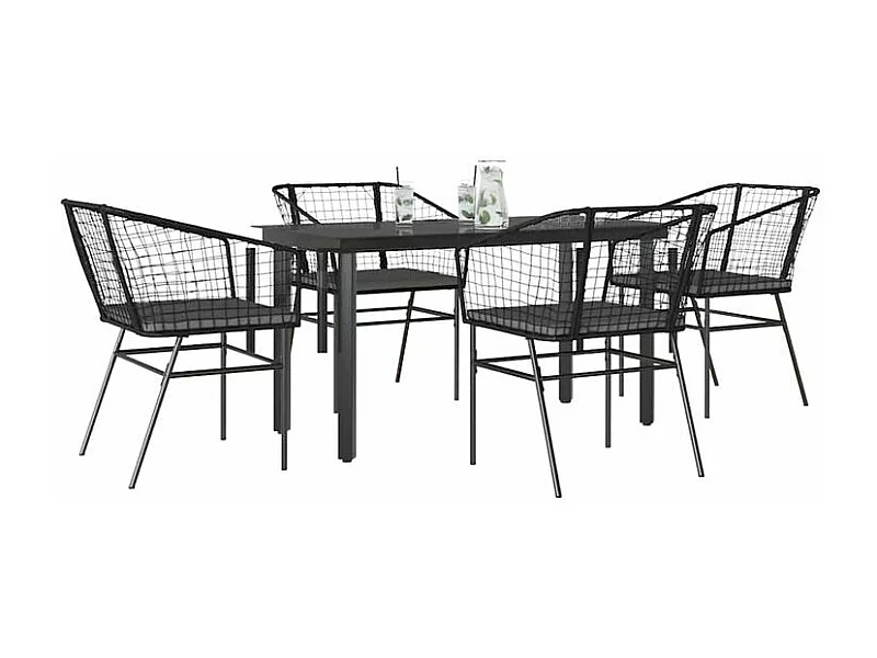 Ensemble à manger de jardin et coussins 5 pcs noir rotin verre
