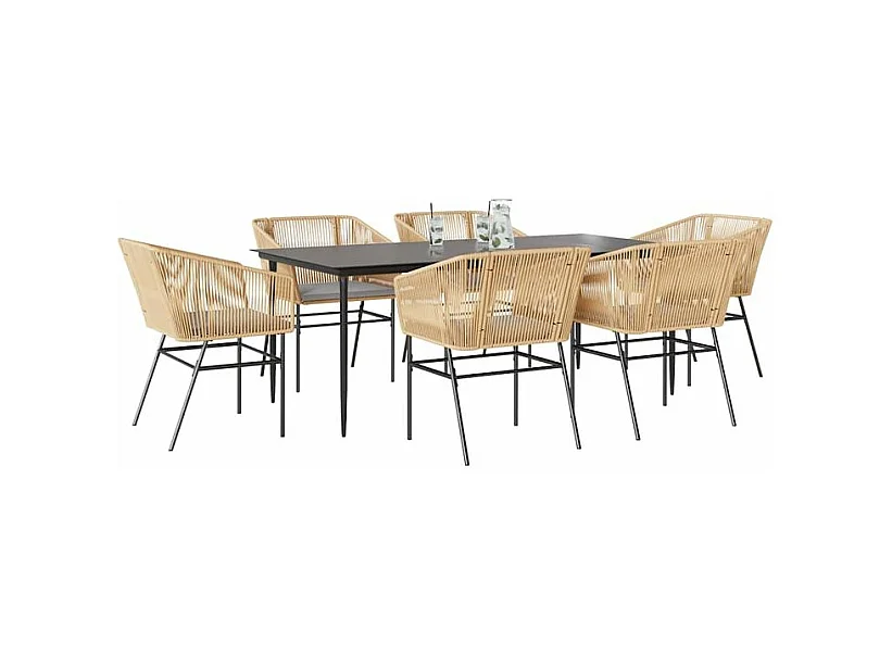 Ensemble à manger jardin coussins 7pcs marron poly rotin verre