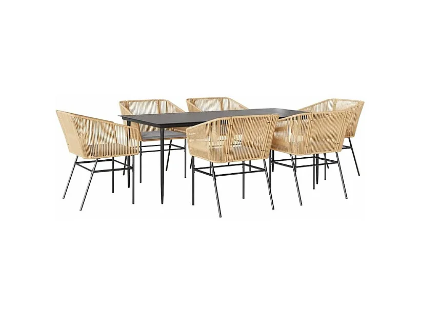 Ensemble à manger jardin coussins 7pcs marron poly rotin verre