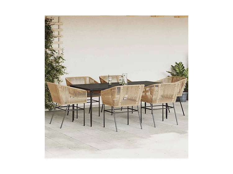 Ensemble à manger jardin coussins 7pcs marron poly rotin verre
