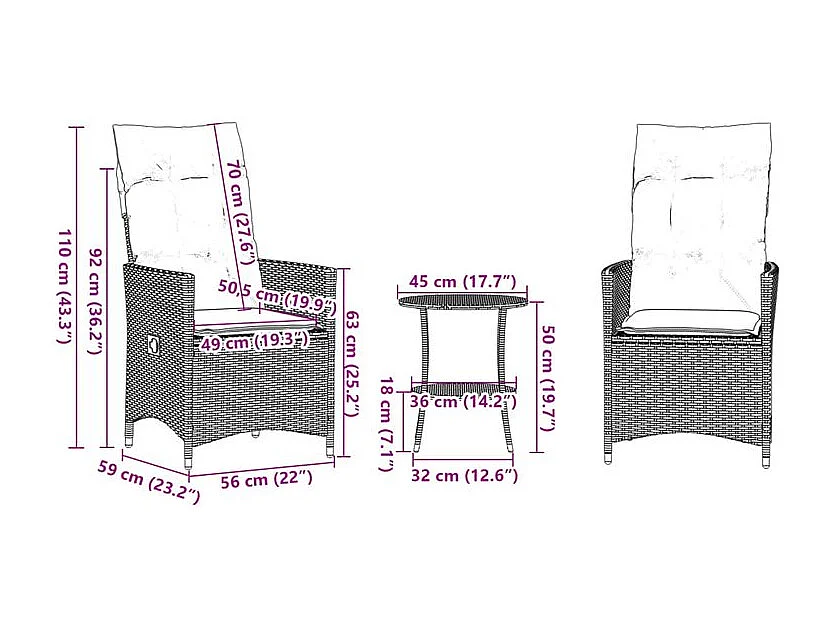 Ensemble de bistro 3 pcs avec coussins beige résine tressée